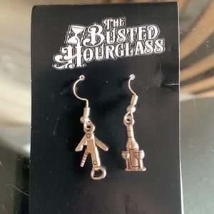 Wine bottle & opener silver earrings